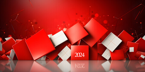 2024 New Year greeting card with red and white gift boxes. Minimal abstract Illustration, banner