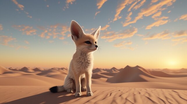 A Fennec Fox standing on its hind legs, looking out over the sand dunes.