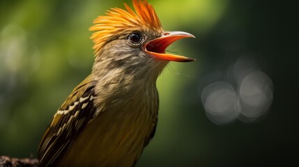 A full ultra HD 8K capture of an Amazonian Royal Flycatcher skillfully catching an insect mid-air, its focused gaze and open beak visible in striking detail.