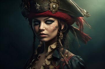 Pirate queen portrait tattooed. Famous old artwork woman vintage. Generate Ai