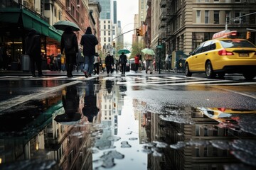 People walking in city after rain - obrazy, fototapety, plakaty
