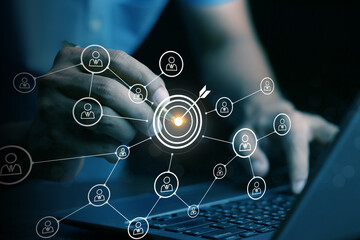 White dartboard and White arrow connection linkage with human icon for customer focus target group...