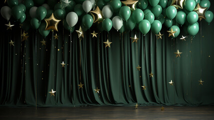 Happy New 2024 Year. Stars on green background. New Year greeting card, banner template.
