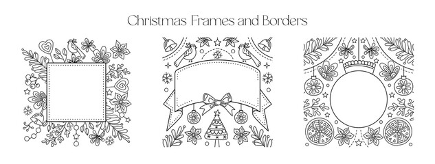 Christmas Frames and Borders set. Coloring page for kids and adults. Greeting card Happy New Year 2024, Merry Christmas. Children Colouring book pictures. Black and white ornate frame collection. 