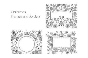 Christmas Frames and Borders set. Coloring page for kids and adults. Greeting card Happy New Year 2024, Merry Christmas. Children Colouring book pictures. Black and white ornate frame collection. 