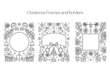 Christmas Frames and Borders set. Coloring page for kids and adults. Greeting card Happy New Year 2024, Merry Christmas. Children Colouring book pictures. Black and white ornate frame collection. 