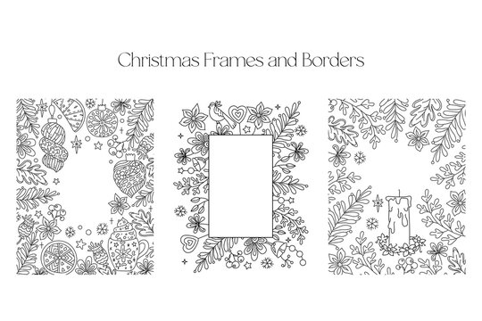 Christmas Frames and Borders set. Coloring page for kids and adults. Greeting card Happy New Year 2024, Merry Christmas. Children Colouring book pictures. Black and white ornate frame collection. 