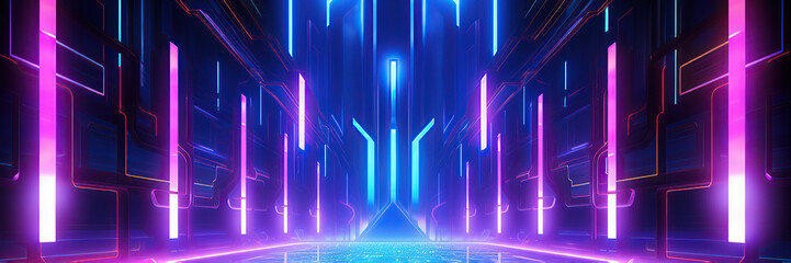 A vibrant corridor of abstract neon lights in cyberpunk aesthetic. The glowing blues and pinks create a virtual tunnel, reminiscent of futuristic technology or a digital metaverse.Banner soze - obrazy, fototapety, plakaty