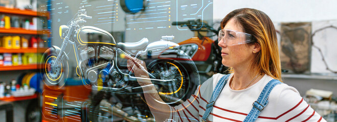 Young female mechanic with glasses touching hud panel screen with augmented reality hologram to...