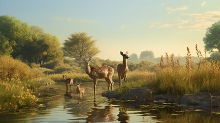 A Chinese Water Deer family, including a mother and her fawn, standing at the edge of a serene pond.