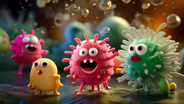 closeup of a bacteria wearing a tiny Rudolph nose, leading its fellow bacteria in a holiday parade around a cell.