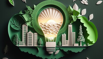 paper art and craft minimal art light bulb green eco smart city ecology environment Earth day leaves