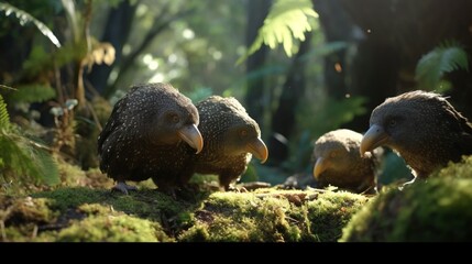 A group of Kakapos foraging for food on the forest floor, with their beaks digging into the earth.