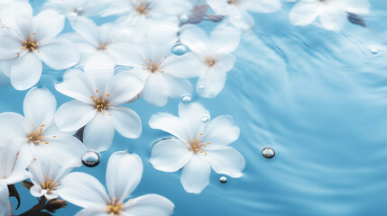 white delicate flowers floating in blue water. relaxation floral layout. spa treatments or beauty care product concept. copy space. top view