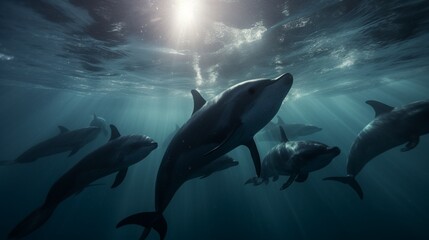 A group of Vaquitas emerging from the depths, their dorsal fins slicing through the water, in full...