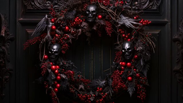 A dark, gothic wreath hangs on a door, made up of twisted vines, black feathers, and small skulls interspersed with holly and berries.