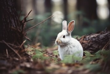 Rabbit white color in forest nature. Leaf park outdoor fur mammal. Generate Ai