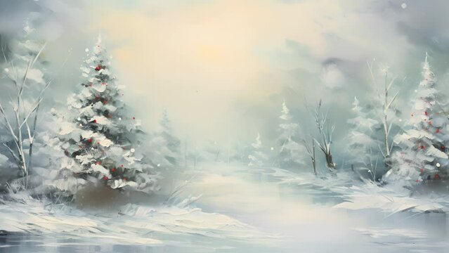 An impressionist depiction of a snowy winter landscape, with delicate brushstrokes conveying the peaceful and serene ambiance of the holiday season.