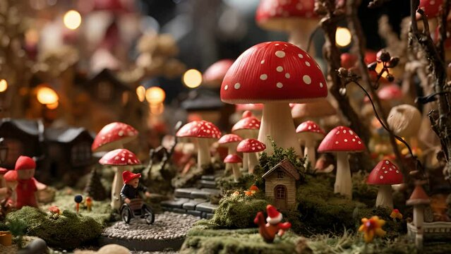 A surrealist interpretation of Santas workshop, with oversized mushrooms growing out of the floor and toys floating in midair, creating a whimsical and otherworldly scene.