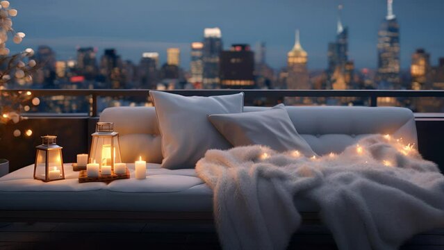 Closeup of a cozy rooftop lounge, complete with plush couches and blankets for guests to snuggle up in. The skyline is a mix of skysers adorned with sparkling lights.
