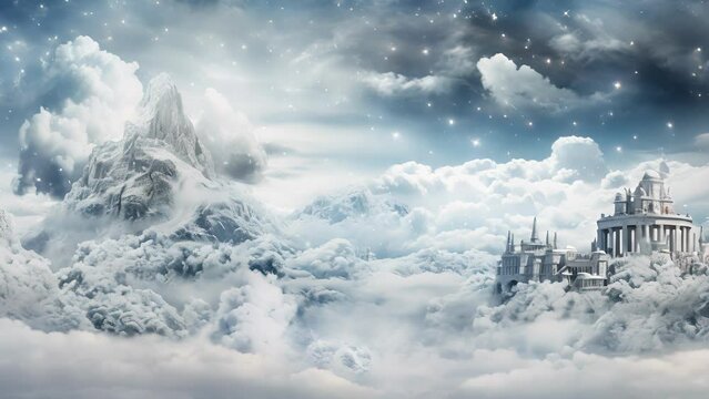 Closeup of a floating winter wonderland in the clouds of Olympus, where the Greek gods and goddesses have gathered for a divine Christmas celebration. The atmosphere is filled with magical