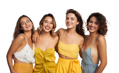 Fototapeta premium Four young beautiful smiling brunette hipster female in trendy summer clothes. Sexy carefree women posing near blue wall. Positive models having fun. Cheerful and happy