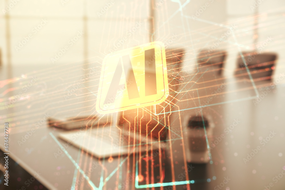 Aufkleber Double exposure of creative artificial Intelligence icon with modern laptop on background. Neural networks and machine learning concept