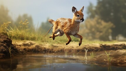 A Chinese Water Deer leaping gracefully over a small brook, showcasing its agility and beauty. - obrazy, fototapety, plakaty
