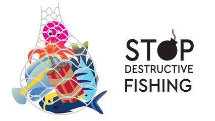 Fototapeta premium Stop Illegal and Destructive Fishing with bomb and dynamite icon vector illustration