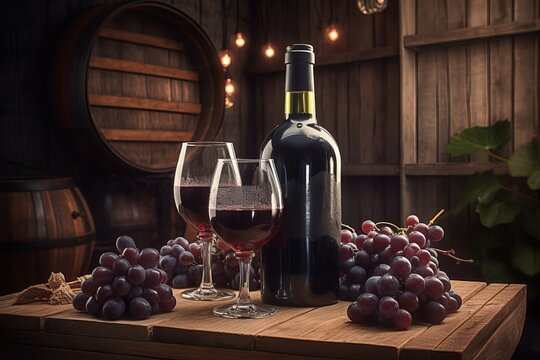 Red wine grapes food. Liquid bottle drink on wooden board. Generate Ai