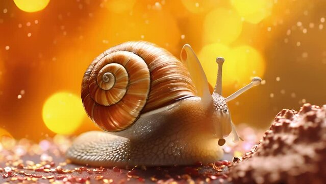 A tiny snail, its spiral shell decorated with minuscule tinsel and holly, slowly making its way across a microscopic feast of crumbs and crumbs.