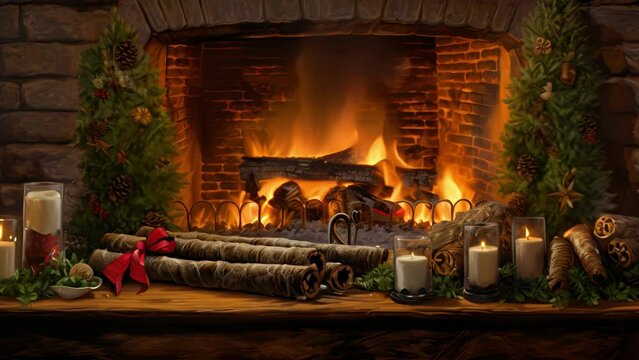 A traditional Yule log, crackling in the fireplace and filling the room with the scent of pine and wood smoke.