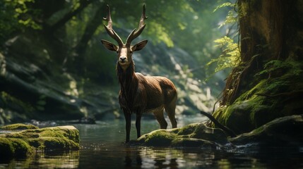 A majestic Saola in its natural habitat, bathed in soft morning light, standing near a tranquil stream.