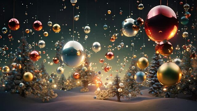 A tree covered in metallic baubles of different sizes and shapes, resembling planets and comets floating in outer space.