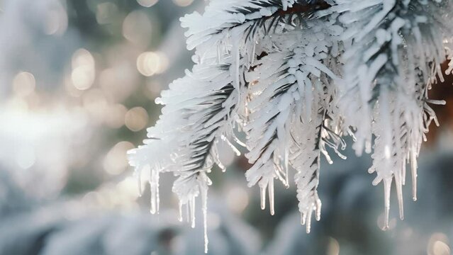 Thick layers of frost and icicles clinging to the sharp and pointed needles of a pine tree, giving it a winter wonderland makeover.