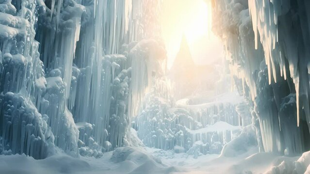 A closeup of a frozen waterfall, its icicles glistening in the sunlight and dd with delicate strings of white lights, resembling a majestic ice palace.