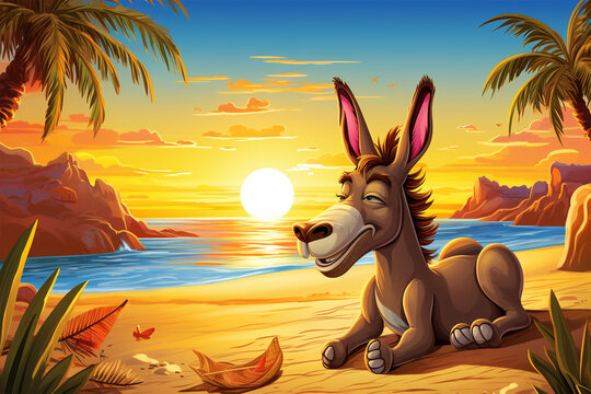cartoon illustration of a cute donkey on the beach