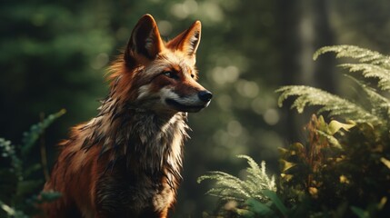 A Maned Wolf gazing at the viewer with an air of elegance and wild beauty, set against a pristine forest backdrop.