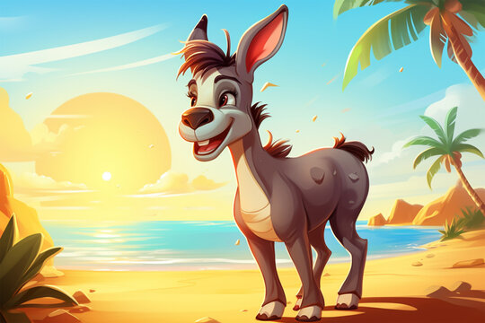 cartoon illustration of a cute donkey on the beach