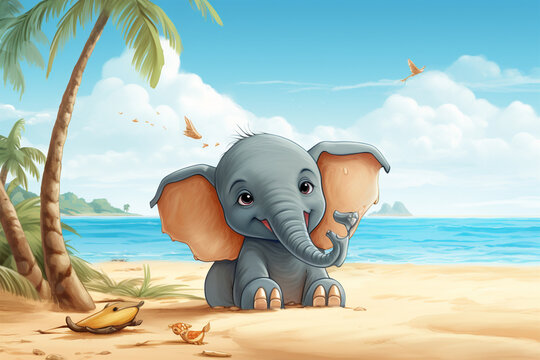 cartoon illustration of an elephant on the beach