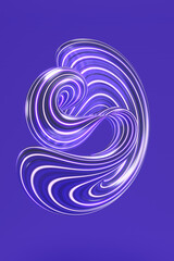 Abstract curve 3d shape on blue indigo backdrop. Retro futuristic high resolution vertical background for journal illustration, web design. Glossy white blue purple silver gray striped graphic element