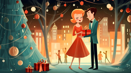  12月街のクリスマスツリーの横で男性が女性にプレゼントを渡している 愛の告白 ロマンチックな夜 - obrazy, fototapety, plakaty