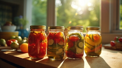 Canned vegetables in glass jars in window. Fermentation of food. - obrazy, fototapety, plakaty