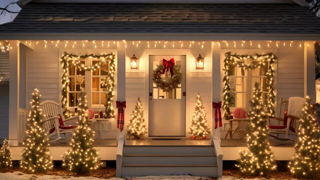 A festive front porch of a farmhouse, with strings of oversized white lights dd across the roof and a wooden welcome sign that reads Merry Christmas.