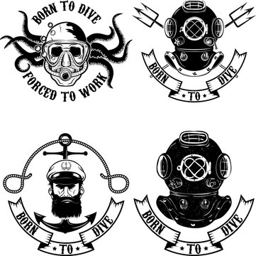 Set of diver emblems. Diving club or school emblem template. Design element for logo, label, emblem, sign, t-shirt print, poster. Vector illustration.