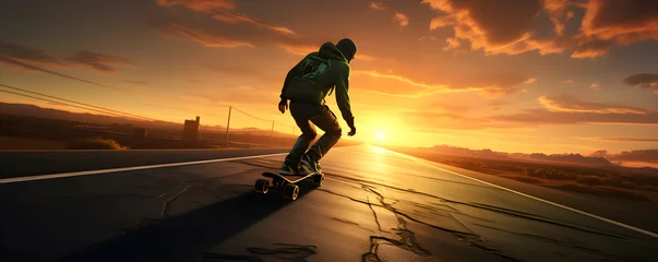 Fototapeten Skateboarder running on road at sunset, Panorama extreme sports concept © Black Pig