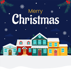 Vector merry Christmas and New Year poster, greeting card template. Winter houses decoration in town on blue background. Flyer for holiday event