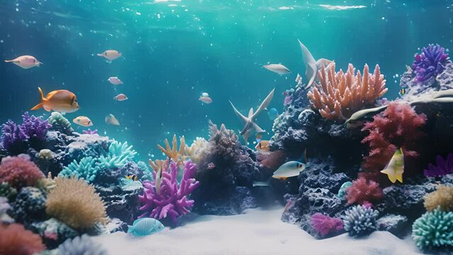 A colorful coral reef transformed into a scene of holiday cheer, with starfish and sea urchins adorned with festive decorations and a school of fish swimming by.