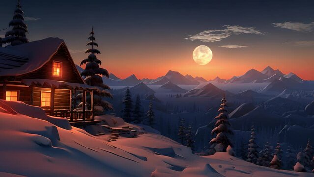 High up in the mountains, a lone cabin is perched on the edge of a cliff, its windows glowing with warm candlelight and a small tree standing outside, covered in snow.