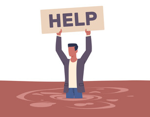 Businessman is stuck in quicksand and is asking for help. Stressed man in standing in the dirt, economic crisis, debts and bankruptcy, loss of money. Cartoon flat isolated png concept